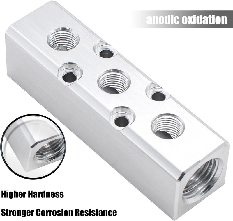 MARSTEK Air Manifold, 3 Way 5 Port Air Compressor Manifold, Aluminum Air Hose Inline Manifold Block Splitter, Pneumatic Manifold Air Distribution Block, NPT 1/2 Inch Supply Port, NPT 1/4 Inch Output Port - Image 5